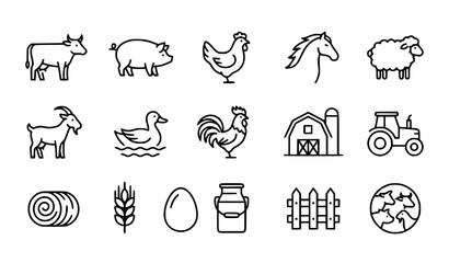 Fototapeta premium Farm animals line icon set agriculture livestock vector illustration