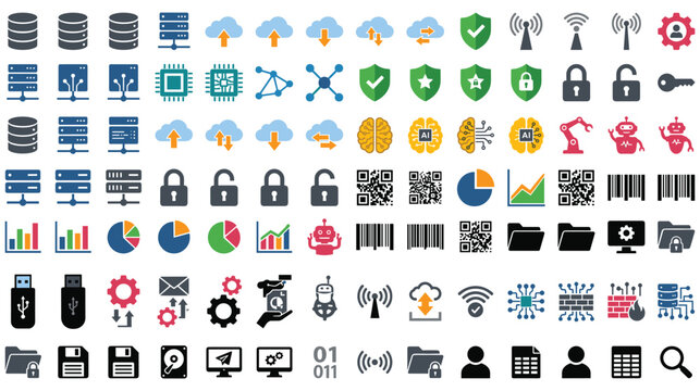 Database network technology computing security icon set.