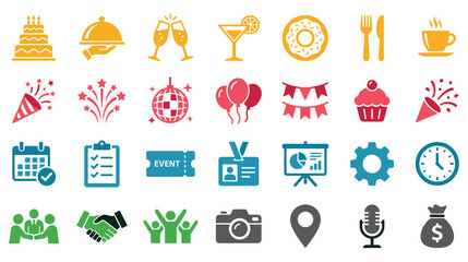 Event management celebration icons set, party planning elements. © GW