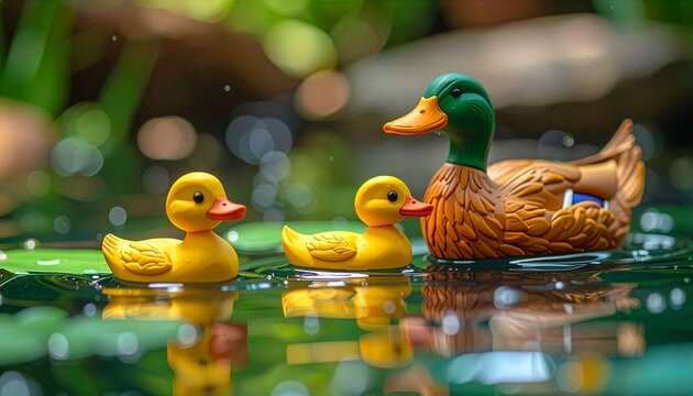 Mallard duck with ducklings in clay pond