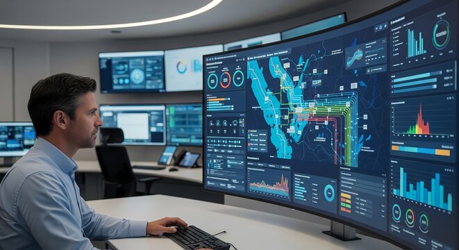 Man analyzing complex data on a large curved screen in a modern control room with multiple displays showing charts and maps