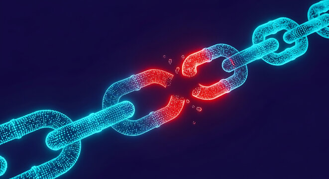 Abstract digital chain with broken link highlighted in red symbolizing connection failure or weakness connection weakness security abstract disruption disconnect technology internet