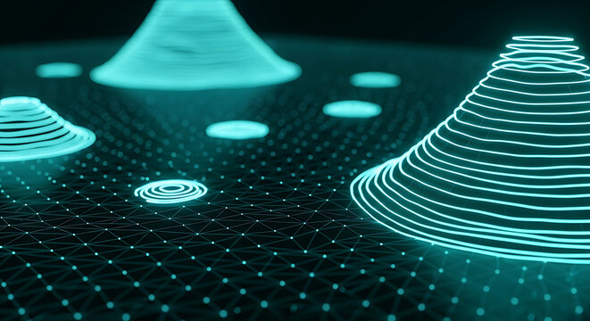 Abstract glowing blue geometric shapes and dots forming a network grid pattern with artificial intelligence abstract geometric technology connection futuristic background illustration molecule