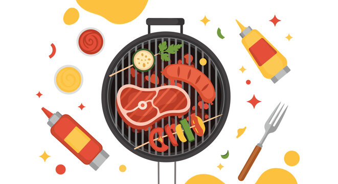 Delicious barbecue meal is prepared on a grill featuring steak, sausages, and vegetable skewers with various sauces arranged around it.