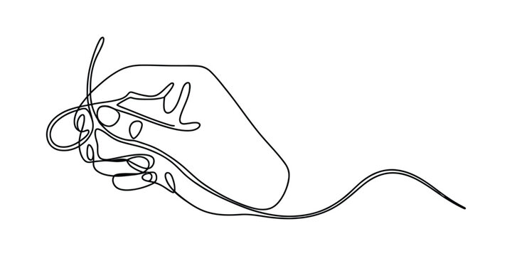 Continuous single line drawing of a human hand holding a computer mouse