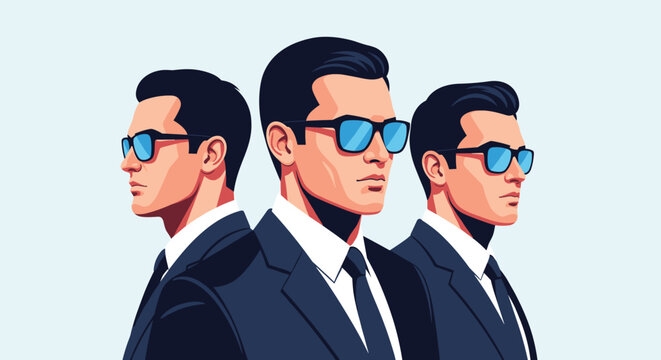 Group of three professional men wearing sharp suits and blue tinted sunglasses looking in different directions for a cool look.