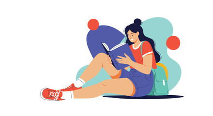 Fototapeta premium Relaxed young woman sits on the floor while reading a large blue book with her green backpack nearby and artistic shapes behind.