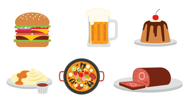 Assorted collection of food icons includes a burger, a mug of beer, paella, dessert, and mashed potatoes on a plain background.