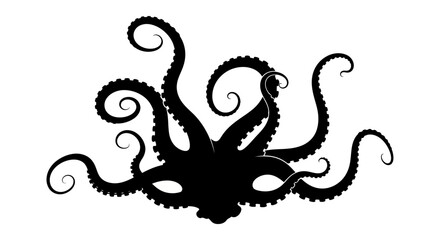Black Octopus Silhouette with Curled Tentacles on White Background - Vector Art © Korek