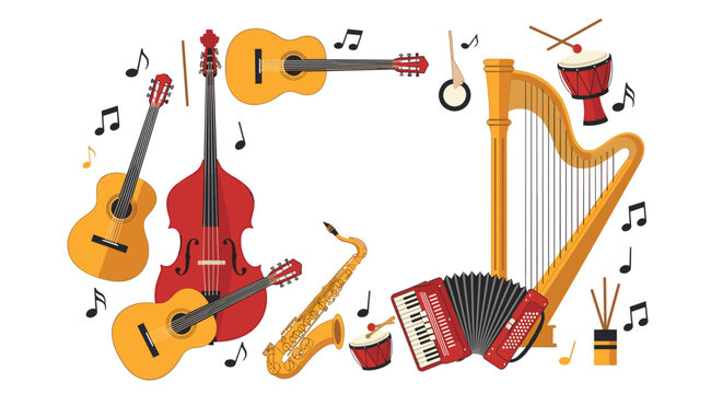 Musical instruments border with guitars, a double bass, harp, accordion, saxophone, and percussion tools on white.