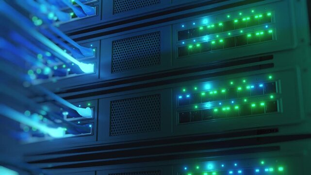 Camera panning down along server rack units with glowing green and blue LED indicators and ethernet cables. Datacenter infrastructure B-roll footage concept for IT, cloud computing, and enterprise