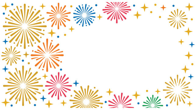 Festive fireworks and stars border on white background.