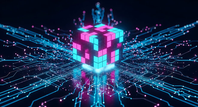 Abstract glowing cube with digital network connections artificial intelligence abstract technology connection futuristic communication processing information background