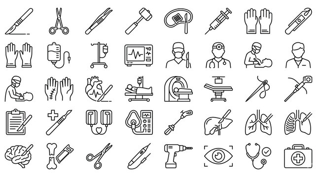 Set of surgical operation linear icons for medical design.