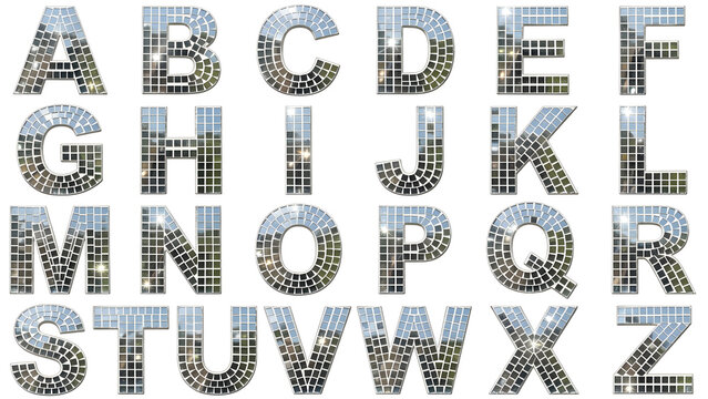 Silver disco ball alphabet letters set from A to Z isolated on white background, 3d render typography font
