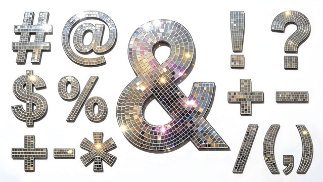 Silver disco ball mirrored ampersand symbol with typographic characters pattern isolated on white background, creative design