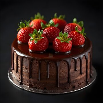 "Delicious chocolate cake topped with fresh strawberries and chocolate drizzle, elegant presentation, soft studio lighting, luxury dessert photography, realistic textures, shallow depth of field, prem
