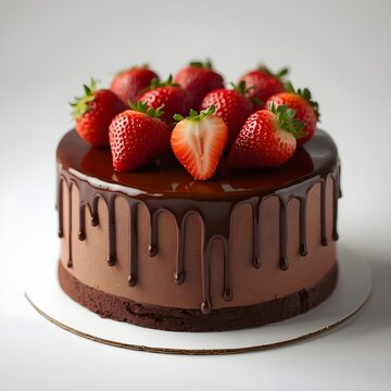 "Delicious chocolate cake topped with fresh strawberries and chocolate drizzle, elegant presentation, soft studio lighting, luxury dessert photography, realistic textures, shallow depth of field, prem