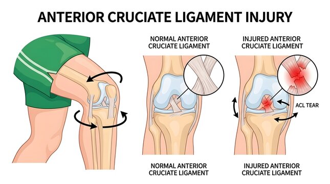 Anterior cruciate ligament ACL injury medical diagram comparing normal and torn ligament knee anatomy with labeled cross sections, educational infographic for orthopedic sports injury and healthcare