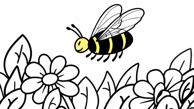 Cute cartoon honey bee flying above meadow flowers outline illustration with honeybee pollinator illustration wildlife collection coloring minimalist friendly character