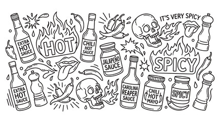 Spicy food icons and hot sauce doodle collection set. © GW