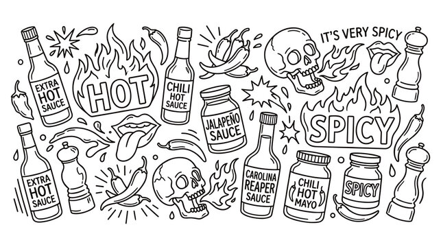 Spicy food icons and hot sauce doodle collection set.