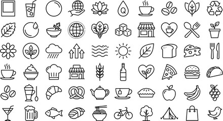 Naklejka premium Eco friendly food and lifestyle outline icons set featuring organic products cafe dining nature and sustainability line symbols