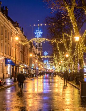 Festive city street at night