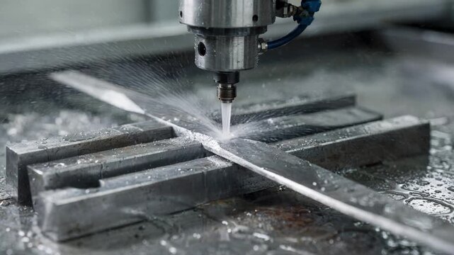 Medium shot showcasing cold cutting of thick chisels using a lowimpact waterjet emphasizing durability and efficient material removal without thermal damage