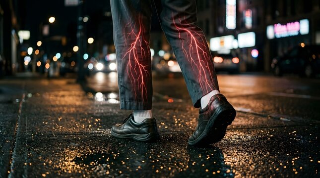 Close-up of legs walking on a wet city street at night with glowing red lightning bolts around the calves and bokeh traffic lights, conceptual image symbolizing nerve pain, energy, power