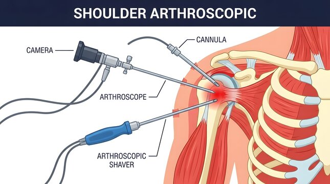 Medical illustration of shoulder arthroscopic surgery showing the arthroscope camera cannula and shaver instruments inserted into the joint, anatomical diagram of minimally invasive orthopedic 