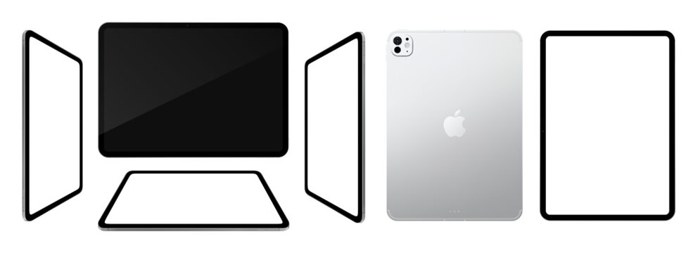 Photorealistic detailed Apple iPad Pro M5 11 inches 2025 Silver mockup. Real dimentions. multiple views isolated on transparent background. Vector editorial PNG