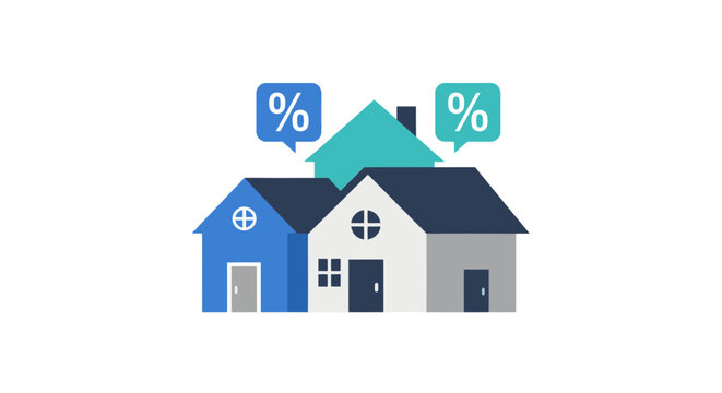 Real Estate Mortgage Rates Concept Illustration with Houses and Percentage Signs. Vector Icon for Housing Market, Interest Rates, Property Tax, and Home Loan Investment.
