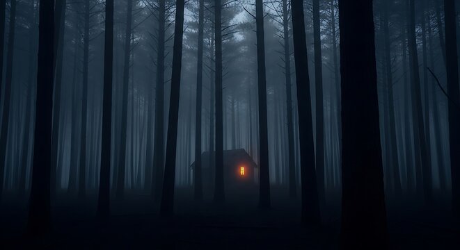 Dark forest with a small cabin illuminated by warm light at night