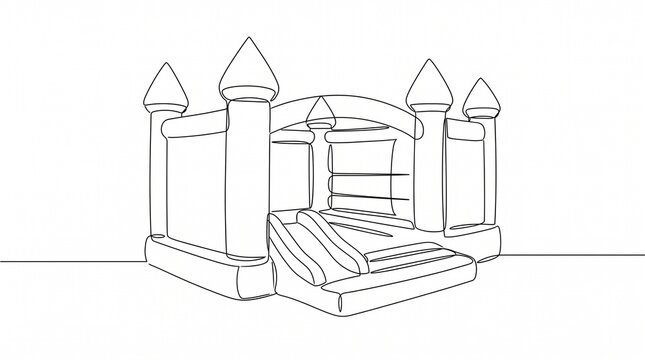 Continuous one line drawing of a bouncy castle, minimalist inflatable bounce house illustration.