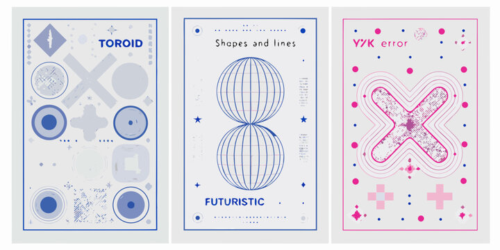 three vertical posters with geometric shapes toroid