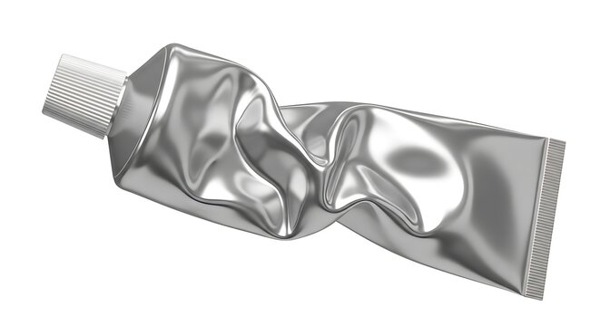 Crushed silver toothpaste tube on a white background cosmetic product packaging concept