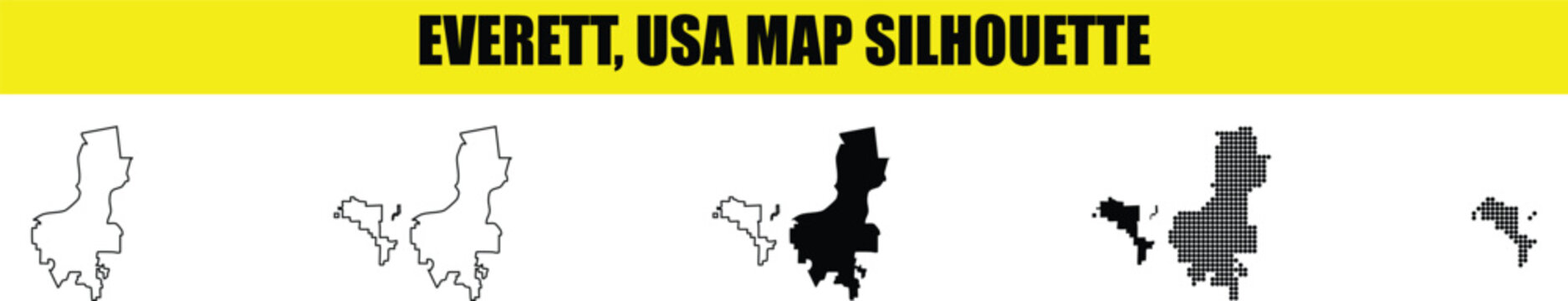 Everett usa map silhouette collection featuring solid outlines and dotted pattern styles for geographic design.
