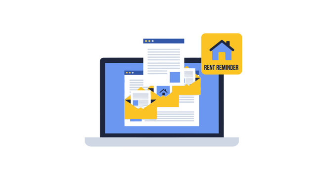 Online Rent Reminder and Payment Notification Illustration on Laptop Screen with House Icon and Email Envelopes