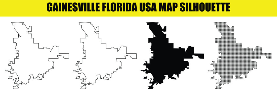 Gainesville florida city map silhouette set in white black outline and dotted styles over transparent background.