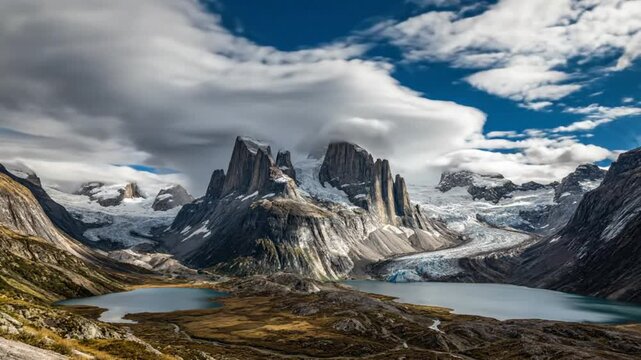 Epic landscape time lapse of a glacial valley, a lake, and towering mountain peaks covered in snow and ice