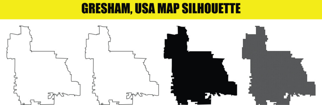 Gresham, usa map silhouette, set of four different maps, vector illustration on transparent background.