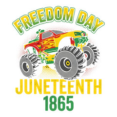 Juneteenth monster truck illustration with freedom day text on black background © Fahim