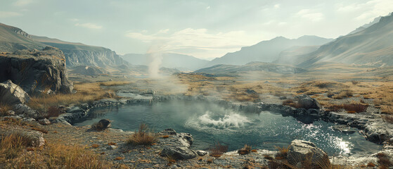 Fototapeta premium Panoramic alien terrain with rocky mountains, barren wasteland and steaming turquoise geothermal pool. Misty vapors rise from crater lake amid dry grass and distant snowy peaks under hazy sky