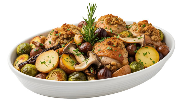 Roasted chicken thighs with potatoes and vegetables in as transparent object