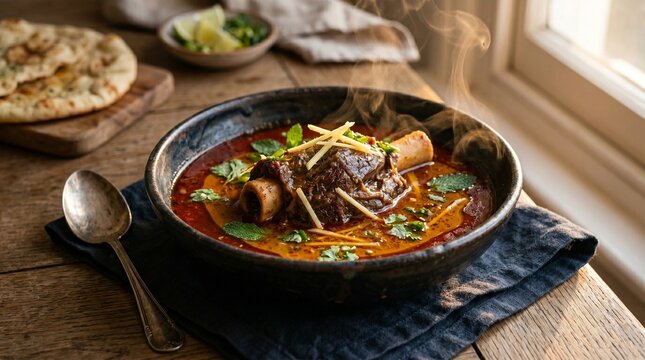 Steaming Hot Traditional Beef Nihari Stew with Ginger and Mint