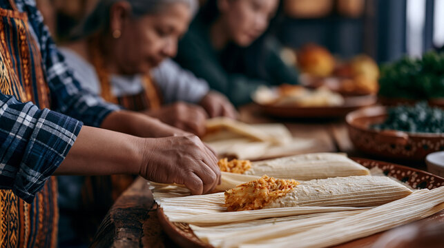 A Mexican abuela and a Korean teenager collaborating on kimchi-stuffed tamales at a shared kitchen table, two sets of hands folding dough and layering fermented filling in a