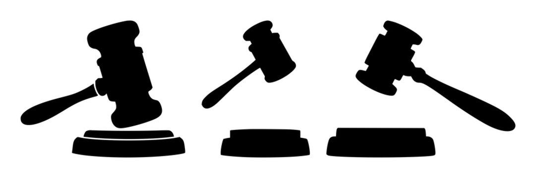 Legal gavel icon set with solid black outline on white background featuring judicial symbol, authority icon, law graphic with justice and court