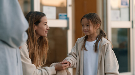 Fototapeta premium Adoptive mother crouches to eye level with a young girl around age six at the entrance of a child welfare facility, presenting her with a small stuffed rabbit, the girl's hand