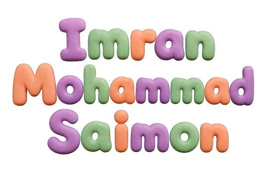 Playful clay letters spelling names imran mohammad and saimon